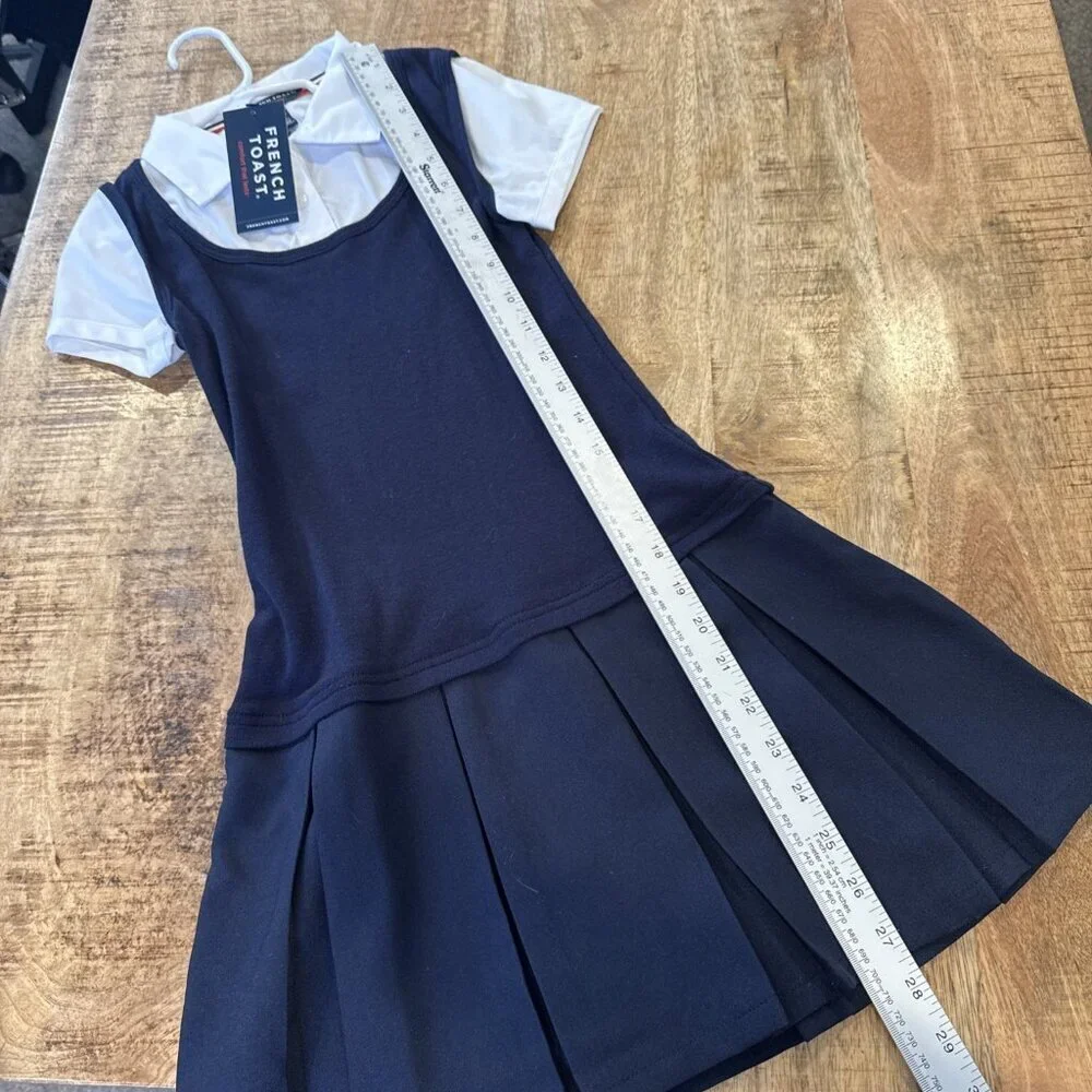 French Toast Girls V-Neck Pleated Jumper, Navy Blue Size 8 NWT Built In Shirt